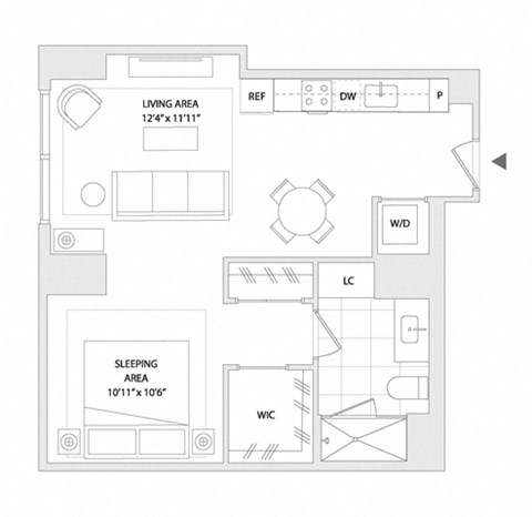 Floor plan for studio, 1 bath, 629 sqft